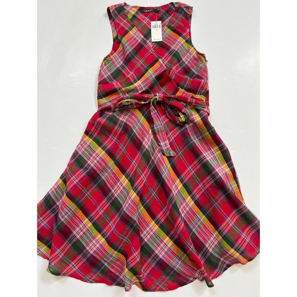 Lauren Ralph Lauren Pink Multi Plaid Crinkle Cotton Sleeveless Dress Size 8 NWT - Picture 10 of 12